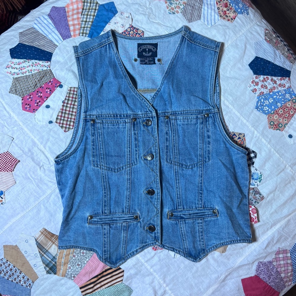 Solutions Original Vintage Denim Vest Medium Wash Blue Cotton Button Front Med